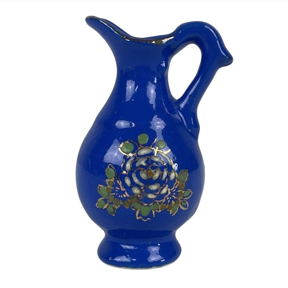 Vintage Blue Ceramic Pitcher With Hand-Painted Floral Design Japan 2.5" Tall